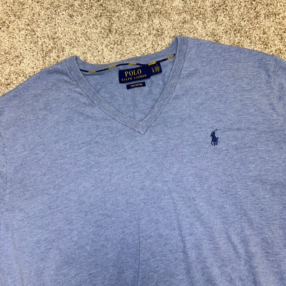 Polo Ralph Lauren Pima Cotton V-Neck Pullover Sweater Men‎ Size Large Blue Pony